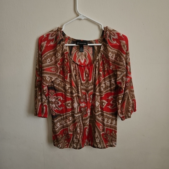 Inc International red Paisley Print Mesh 3/4 Sleeves Top small - Picture 4 of 5